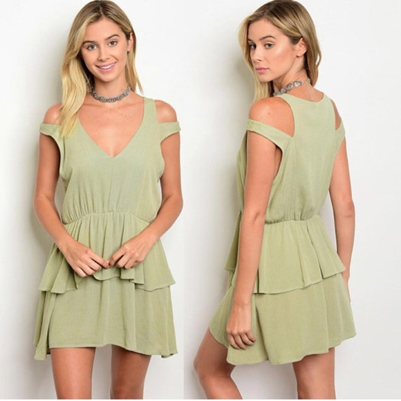 Cold-Shoulder Ruffled Dress with Flounce Overlay Mint Green